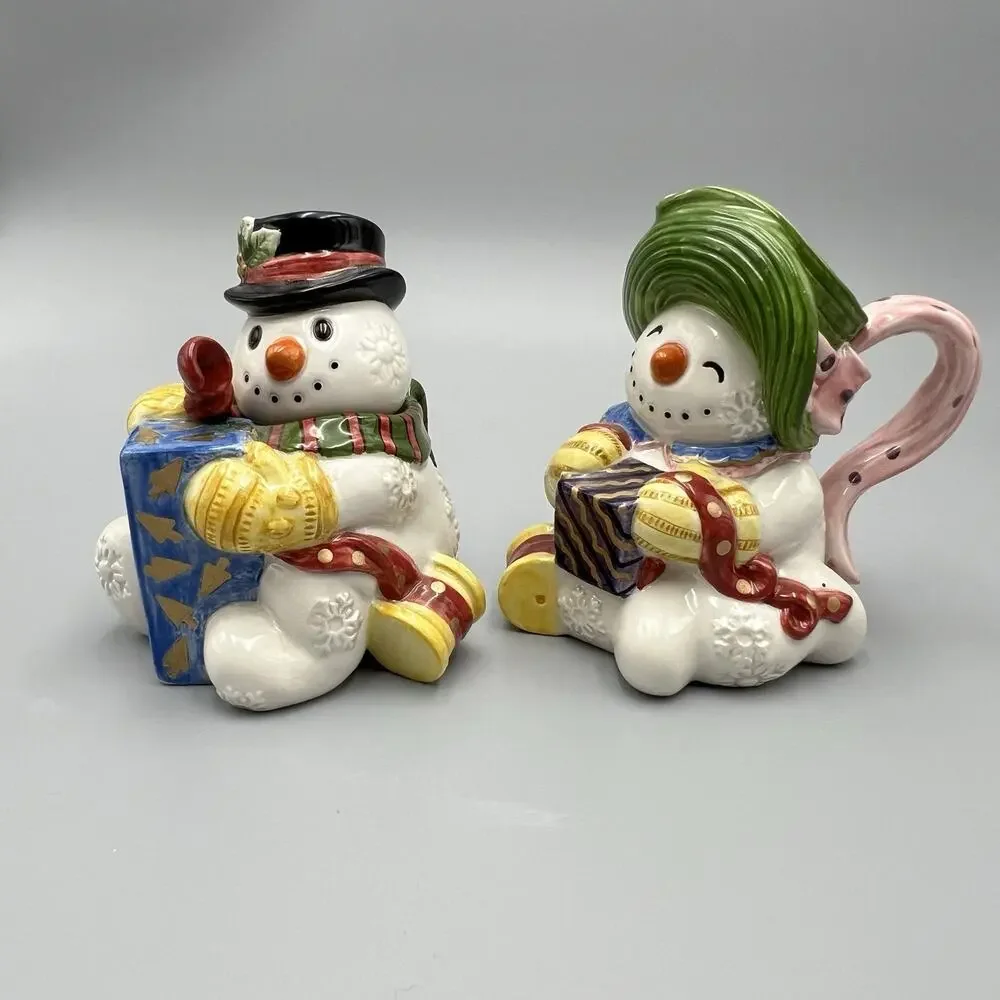 VTG Fitz & Floyd Frosty Folks Creamer Sugar‎ Spoon Set 90s Christmas Snowman